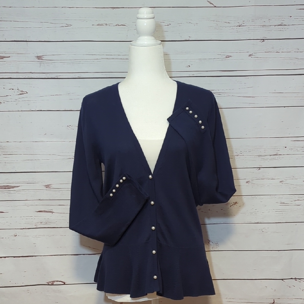 Lily Pulitzer Navy Cardigan Sweater Pearl Button Preppy Academia Nautical Medium